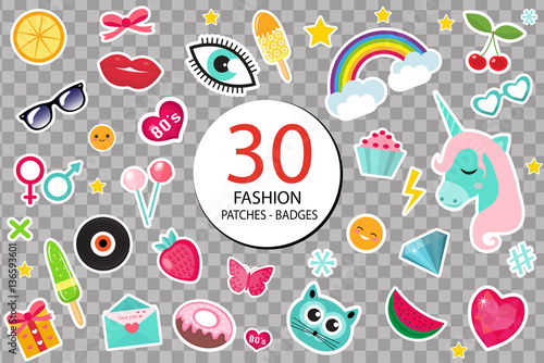 Fashion set of patches 80s comic style. Pins, badges and stickers Collection cartoon pop art with a unicorn, rainbow, lips, emoji. Isolated on transparent background. Vector illustration