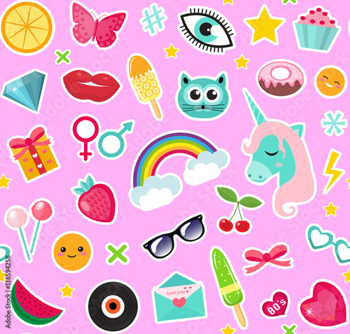 Fashion seamless pattern of patches 80s comic style. Pins, badges and stickers Collection cartoon pop art with a unicorn, rainbow, lips, emoji. Vector illustration