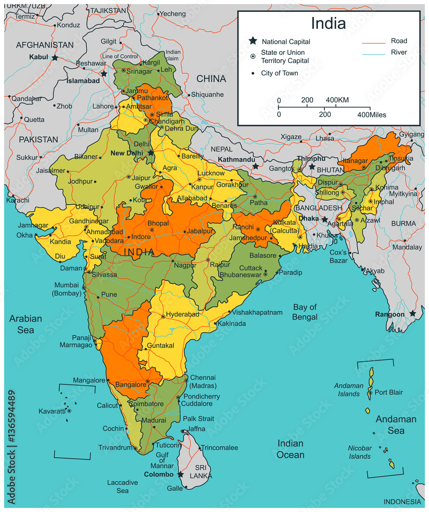 Fototapeta premium India map with selectable territories. Vector