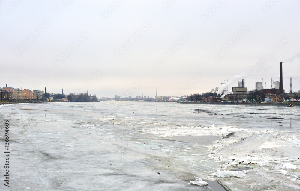 View of Neva river at winter on outskirts of St.Petersburg, Russia.