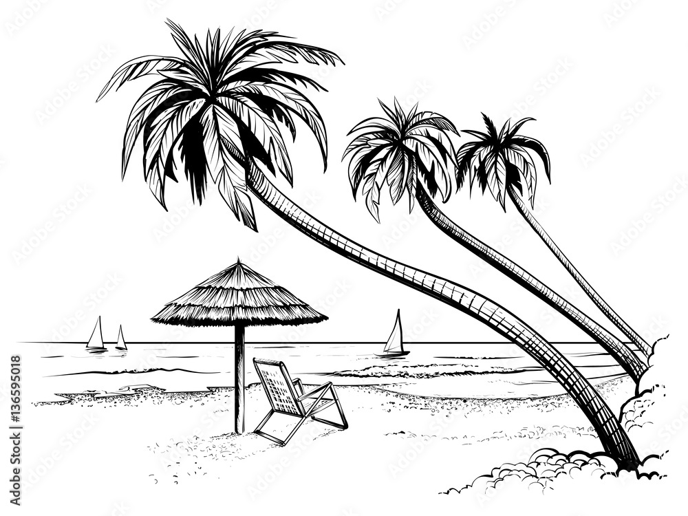 Fototapeta Ocean or sea beach with palms, umbrella, chaise longue and yachts. Hand drawn seaside view.