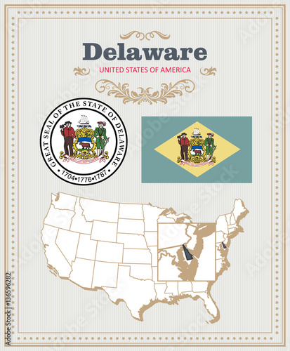 High detailed vector set with flag, coat of arms, map of Delaware. American poster. Greeting card from United States of America.