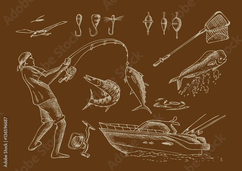 Sea fishing. Outline set