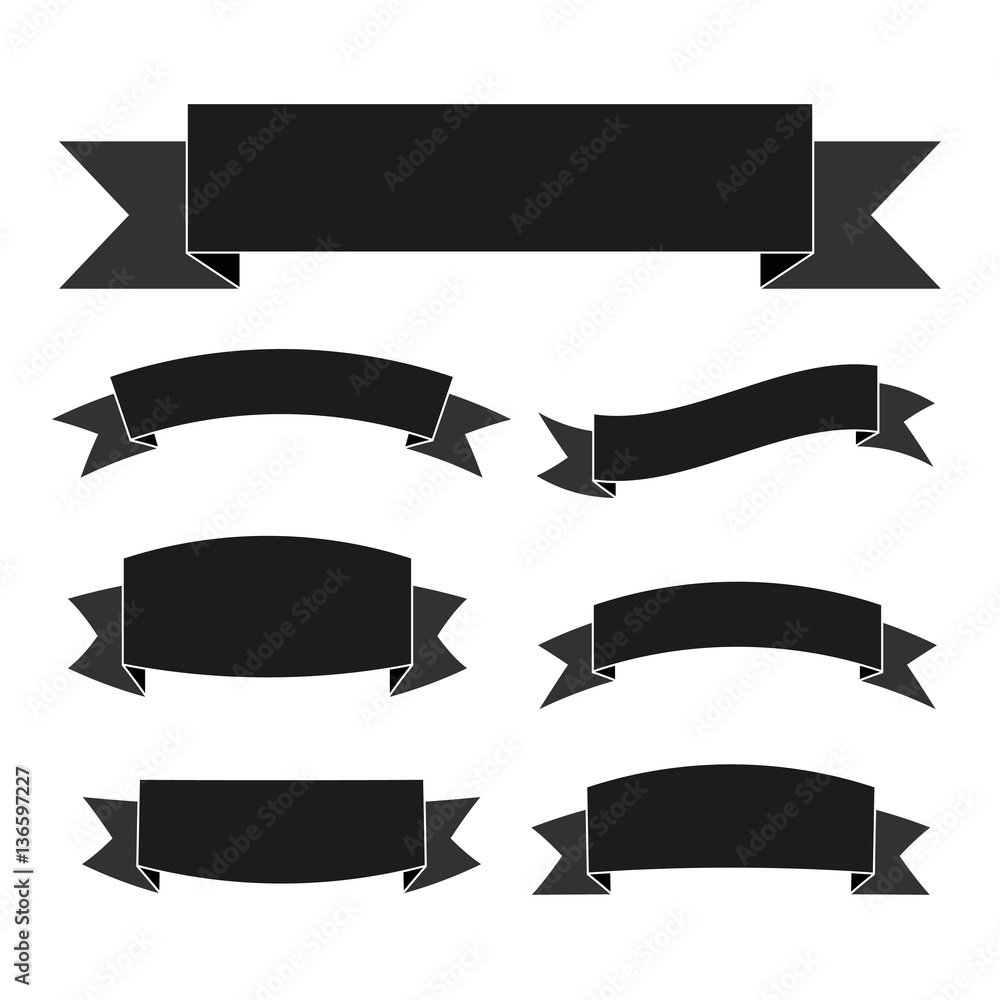 Black ribbon banners set. Vintage decoration elements isolated on white ...