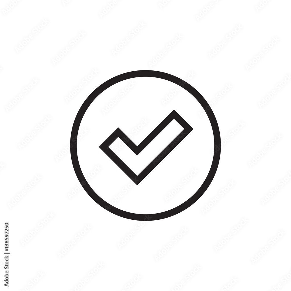Tick sign black element. Gray checkmark icon isolated on white background. Simple mark graphic design. Circle OK button for vote, decision, web. Symbol of correct, check, approved Vector illustration Tick sign black element. Gray checkmark icon isolated on white background. Simple mark graphic design. Circle OK button for vote, decision, web. Symbol of correct, check, approved Vector illustration