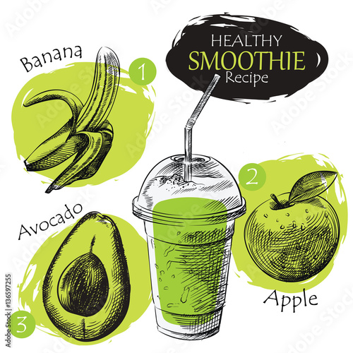 Hand drawn smoothie recipe isolated on white background. Banana, apple, avocado smoothie sketch elements. Eco healthy ingredients vector illustration. Great for poster, banner, voucher, coupon.
