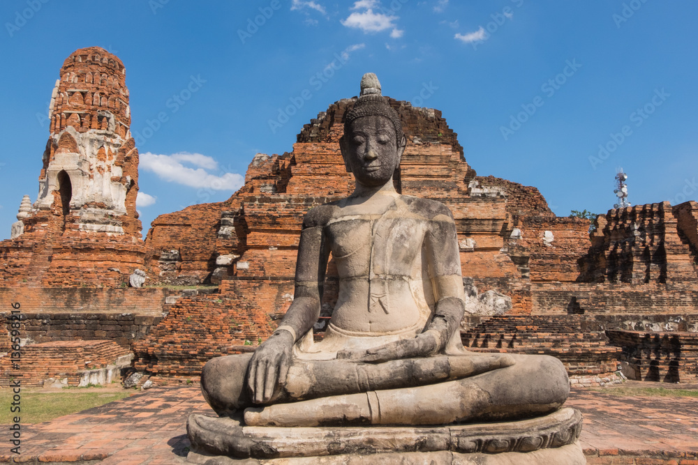 Buddha statue in Wat Mahathat, the historical Park of Ayutthaya,