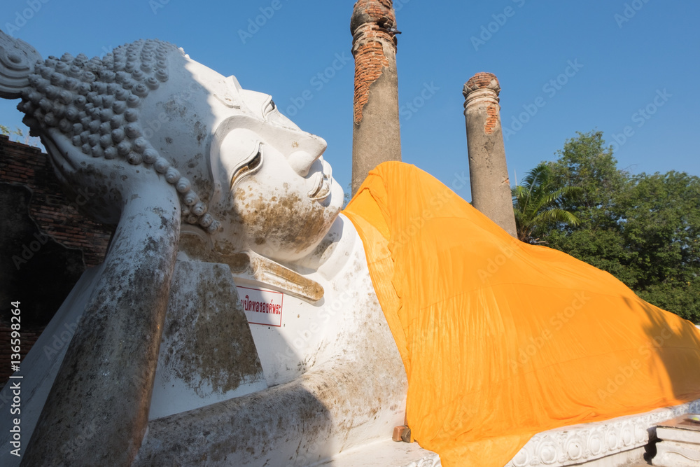 Giant Buddha reclining statue in Wat Yai Chai Mongkhon, the hist