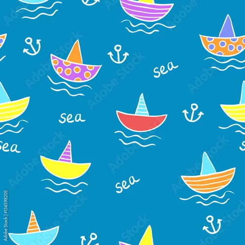 Obraz Bez szwu deseń dla dzieci z kolorami zabawne kreskówki morze i statki. Tło wektor.
