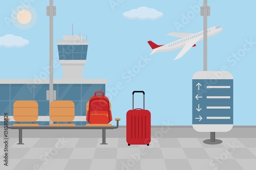 Background of hall at airport. Flat style, vector illustration.
