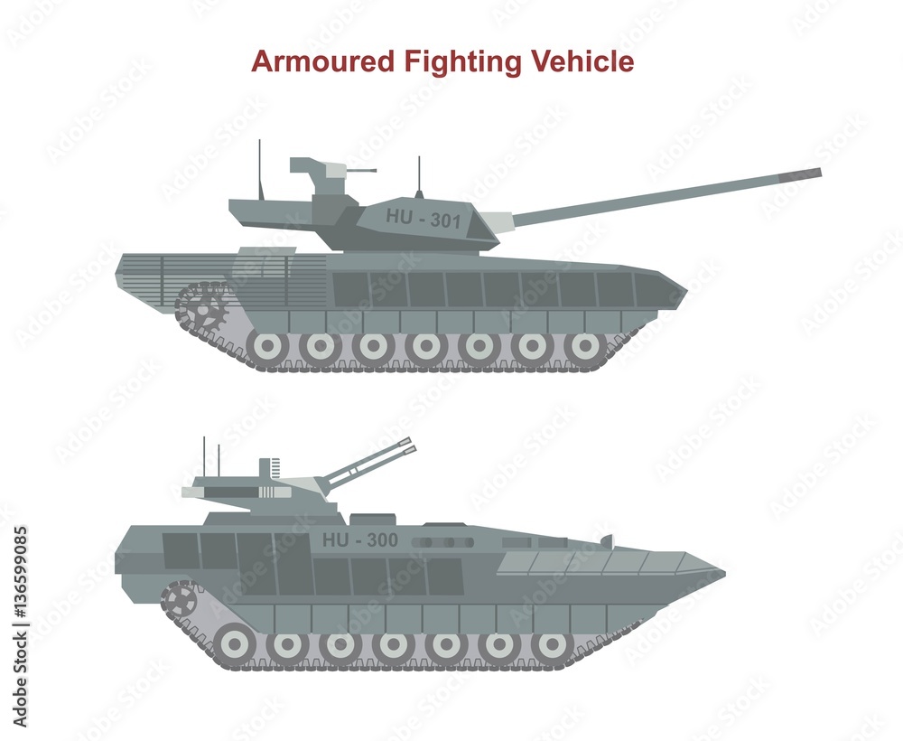 Fototapeta premium Armoured fighting vehicles on white background. Flat style, vector illustration. 