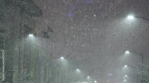 Snowing in city at night