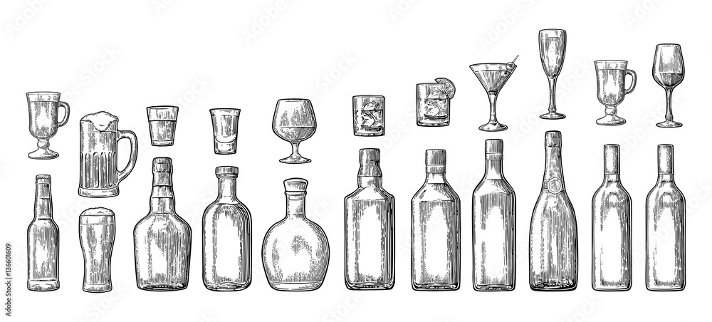 Set glass and bottle beer, whiskey, wine, gin, rum, tequila, champagne, cocktail Set glass and bottle beer, whiskey, wine, gin, rum, tequila, champagne, cocktail