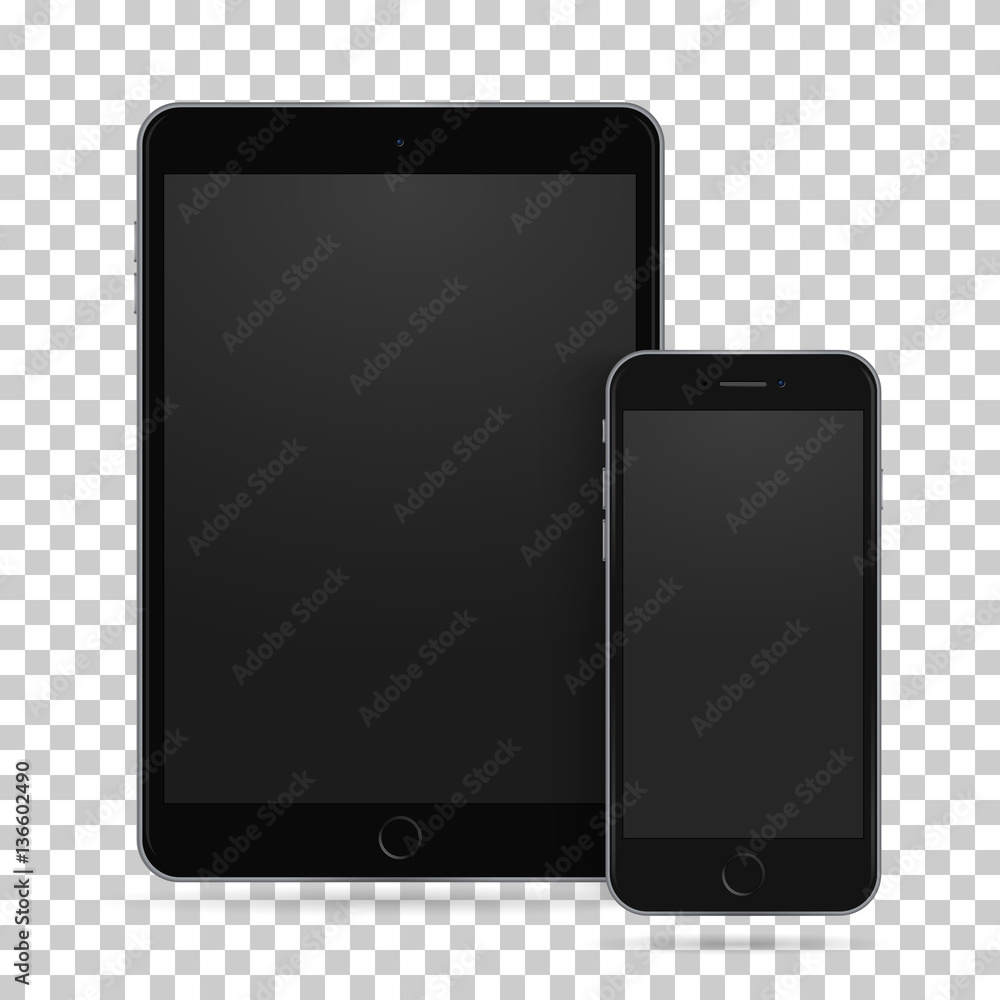 Set of realistic black tablet and mobile phone with empty screen. New electronic gadget on white background Set of realistic black tablet and mobile phone with empty screen. New electronic gadget on white background
