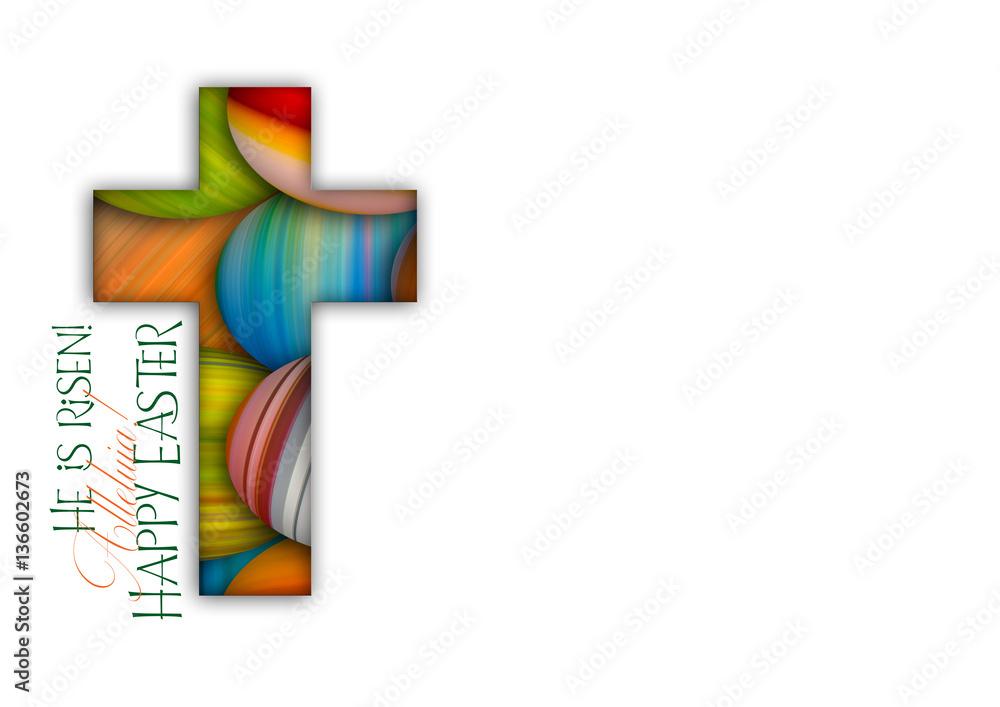 Fototapeta premium Happy Easter cross made of colorful painted Easter eggs, religious holiday illustration