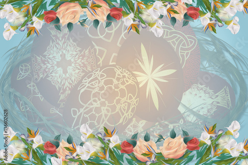 Happy Easter - Easter resurrection background with vintage flowers, painted Easter eggs and crown of thorns