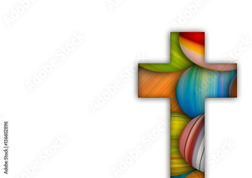 Happy Easter cross made of colorful painted Easter eggs, religious christianbackground photo