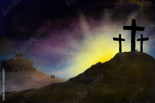 Easter morning - resurrection dawn with Calvary hill and three empty crosses