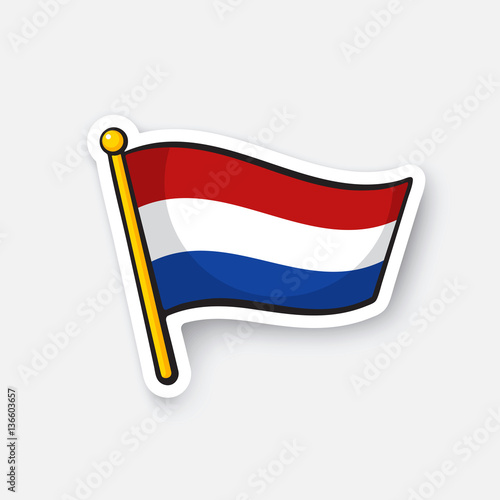 Vector illustration. Flag of the Netherlands on flagstaff. Location symbol for travelers. Cartoon sticker with contour. Decoration for greeting cards, posters, patches, prints for clothes, emblems