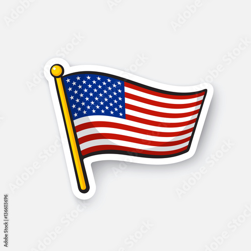 Vector illustration. Flag of the United States on flagstaff. Checkpoint symbol for travelers. Cartoon sticker with contour. Decoration for greeting cards, posters, patches, prints for clothes, emblems