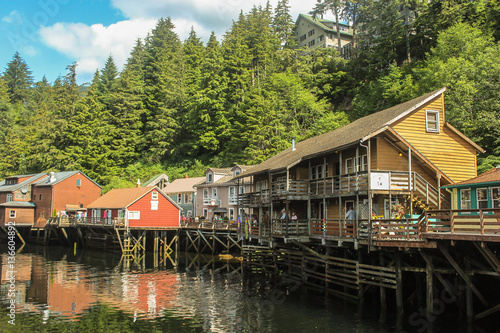 Suspended houses above a small river from Skagway, Alaska