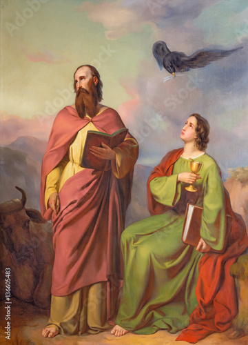 VIENNA, AUSTRIA - DECEMBER 19, 2016: The painting of Evangelist Luke and John in church kirche St. Laurenz (Schottenfelder Kirche) by Carl Hemerlein (1807 - 1884).