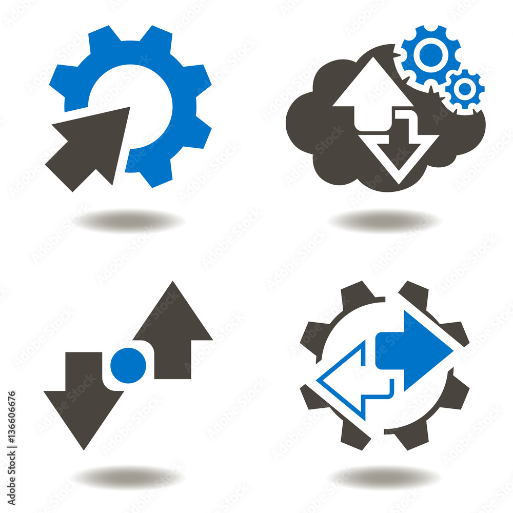 Industrial integration business web concept. Gear arrow vector icon set cycle recycle modernization automation cogwheel industry 4.0 engineering cloud storage technology Industrial integration business web concept. Gear arrow vector icon set cycle recycle modernization automation cogwheel industry 4.0 engineering cloud storage technology