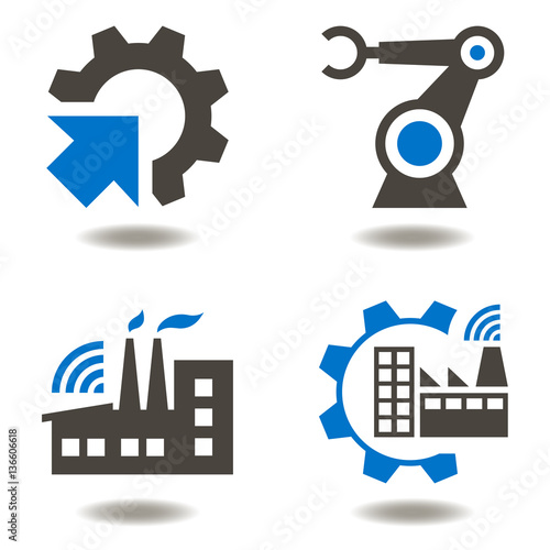 Industry 4.0 vector icon set. Industrial illustration eps 10. Factory iot integration automation modernization robot arm engineering manufacturingcogwheel iot technology