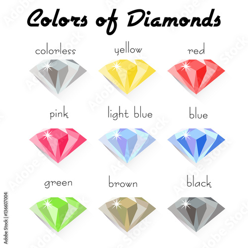 Set of crystals of different natural colors of precious stone Diamond in flat style from side view. Vector illustration
