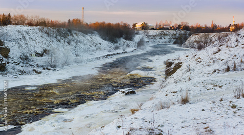 Winter landscape on the river. River Tosna winter. Russia, Saint-Petersburg