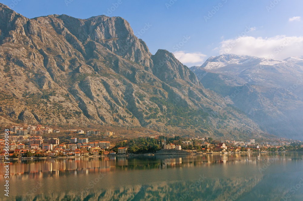 Seaside village Dobrota situated at the foot of a mountain. Bay of Kotor, Montenegro