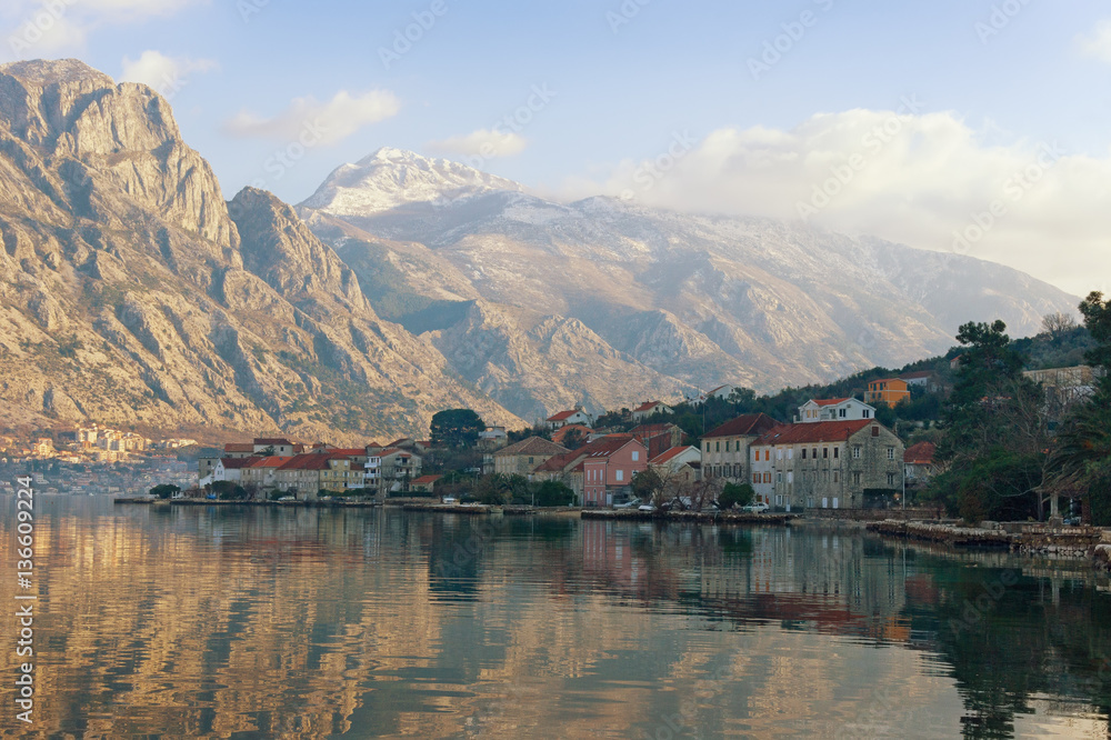 Montenegro. View Lovcen mountain from Bay of Kotor and Prcanj town