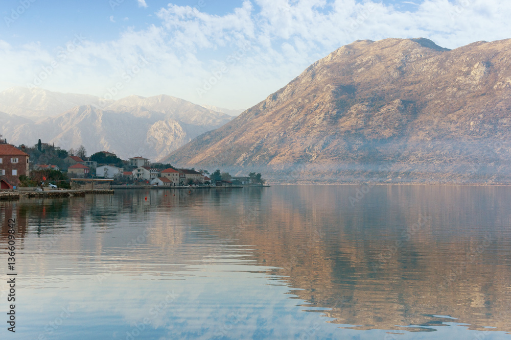 Bay of Kotor near seaside Stoliv village. Montenegro, winter