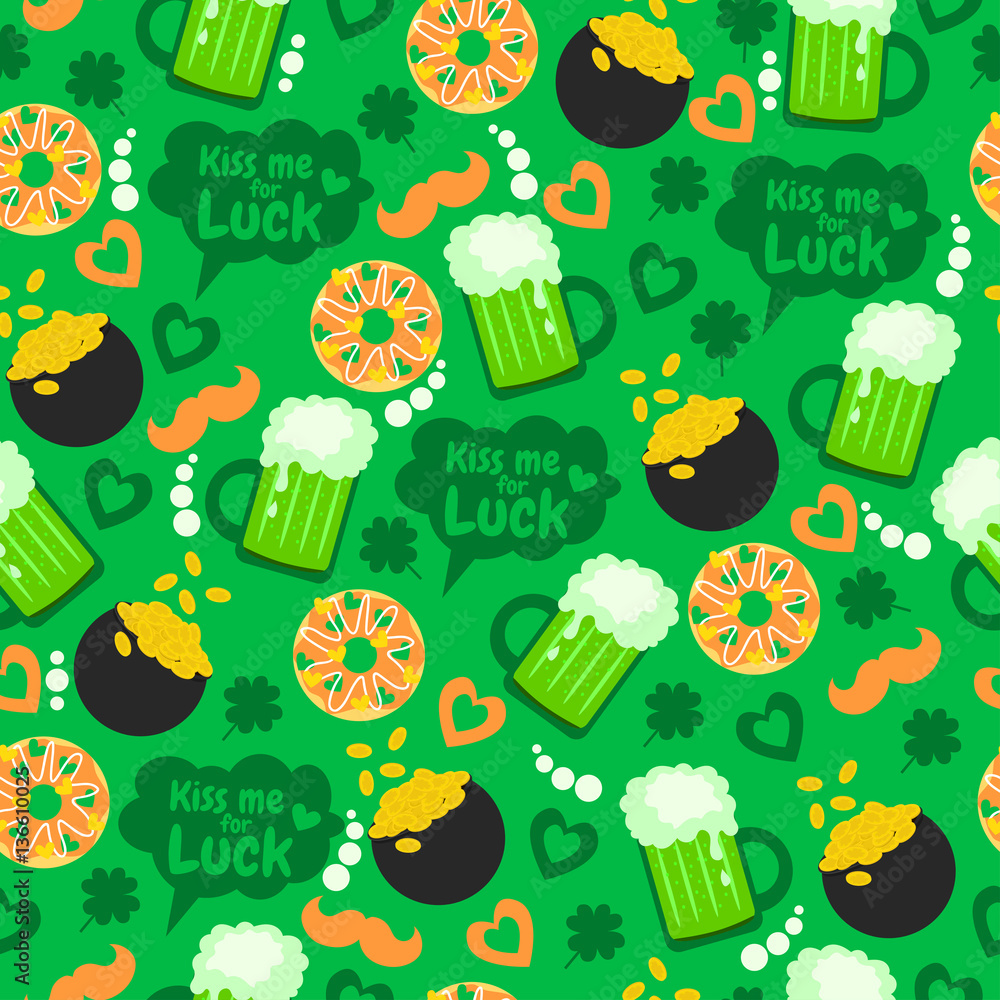 Kiss me for Luck. Happy St. Patrick's Day. Funny holiday pattern with green beer, money, donuts, clover, hearts and mustache. 