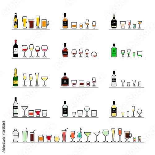 Alcoholic beverages, bottles and recommended glasses. Vector icons set