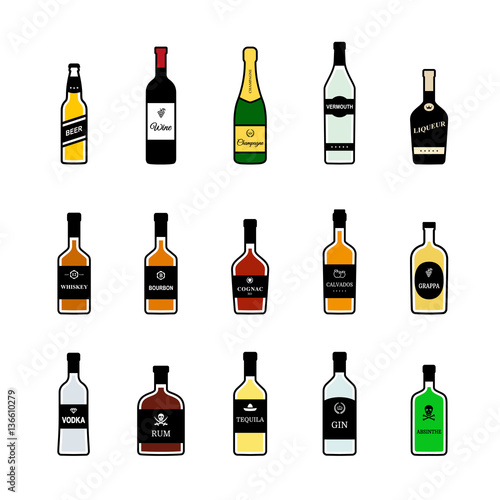 Bottles of alcoholic beverages. Vector colorful icons set