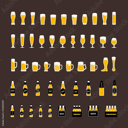 Beer bottles and glasses icons set in flat style. Vector