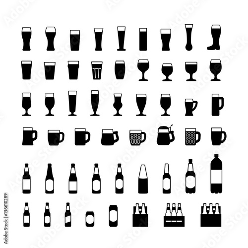 Beer bottles and glasses black icons set. Vector