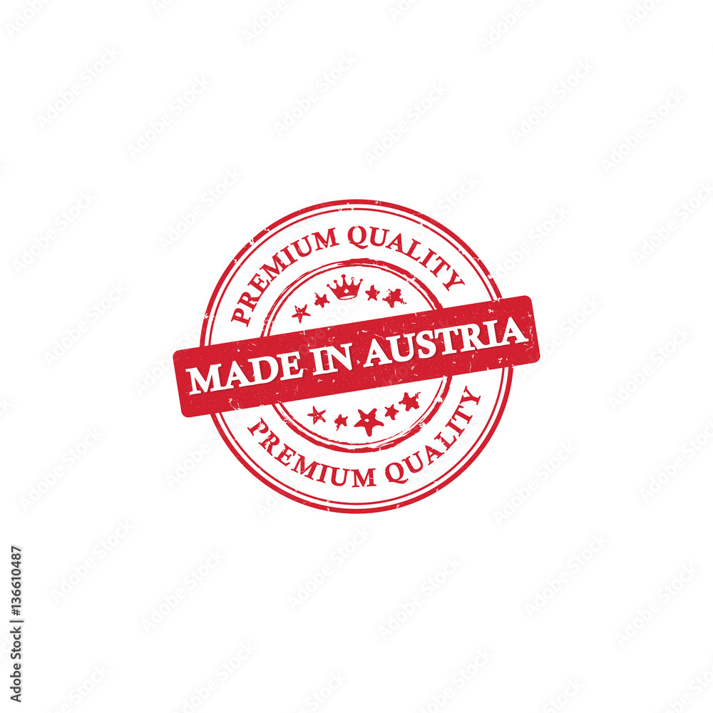Made in Austria, Premium quality, because we care - label / icon / badge. Print colors (CMYK) used Made in Austria, Premium quality, because we care - label / icon / badge. Print colors (CMYK) used