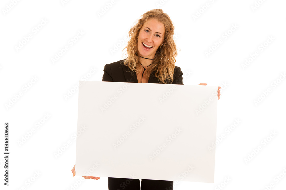 Naklejka premium Sign board. Woman holding big white blank card. Positive emotion