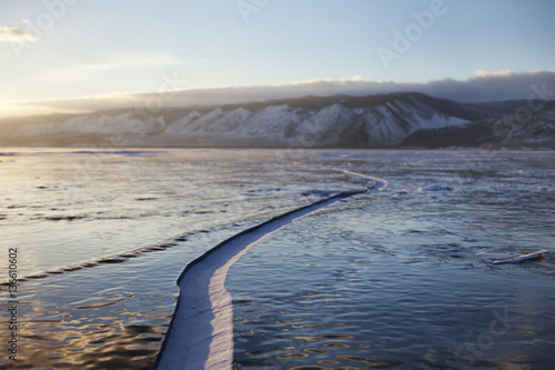 Lake Baikal. Winter landscape, crack on ice