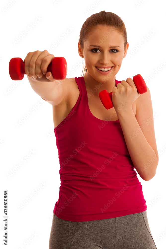 fitness gym - woman works out with dumbbells isolated over white fitness gym - woman works out with dumbbells isolated over white
