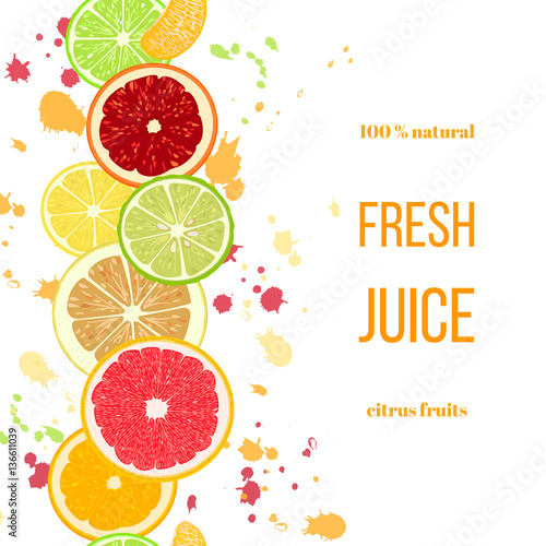 Citrus fruits fresh juice. Bergamot, lemon, grapefruit, lime, mandarin, pomelo, orange, blood orange with splashes