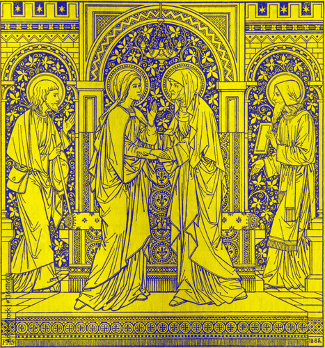 BRATISLAVA, SLOVAKIA, NOVEMBER - 21, 2016: The lithography of The Visitation in Missale Romanum by unknown artist with the initials F.M.S (1885) and printed by Typis Friderici Pustet. photo