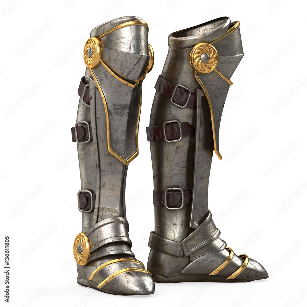 Iron fantasy high boots knight armor isolated on white background. 3d  illustration Stock イラスト | Adobe Stock