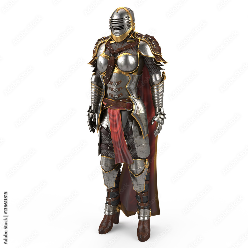 medieval armor of fantasy full of women with a closed helmet and red cape. isolated white background. 3d illustration medieval armor of fantasy full of women with a closed helmet and red cape. isolated white background. 3d illustration