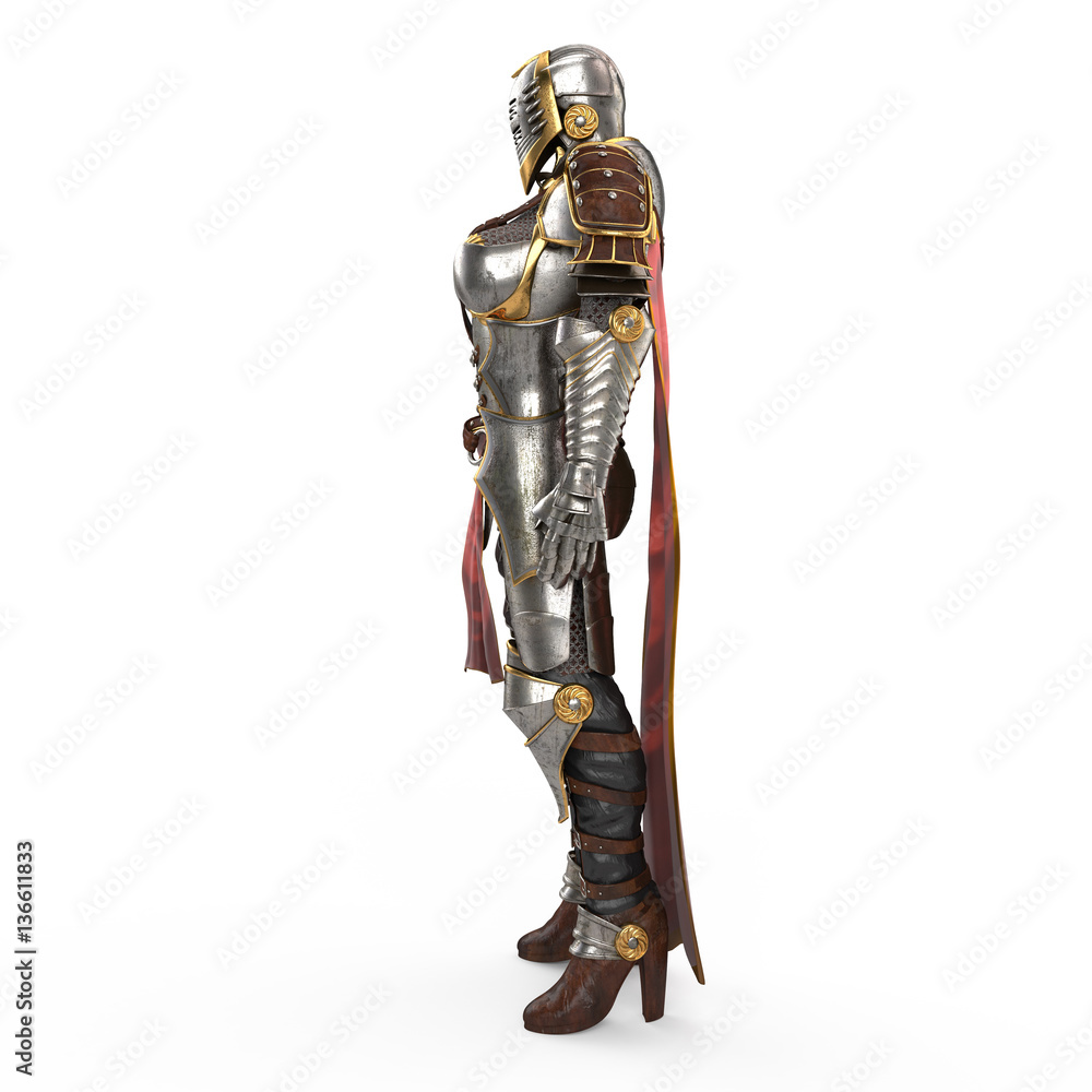 medieval armor of fantasy full of women with a closed helmet and red cape. isolated white background. 3d illustration medieval armor of fantasy full of women with a closed helmet and red cape. isolated white background. 3d illustration