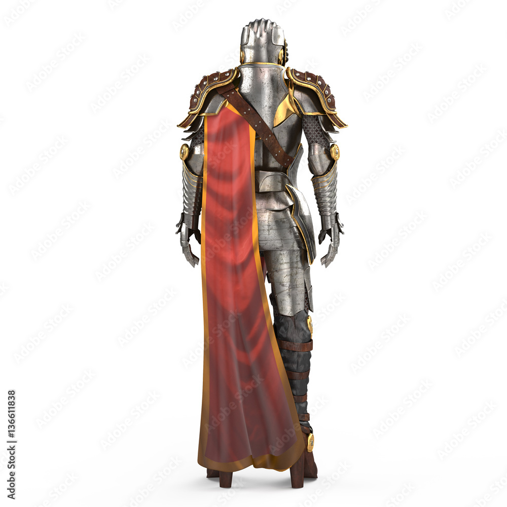 Fototapeta premium medieval armor of fantasy full of women with a closed helmet and red cape. isolated white background. 3d illustration