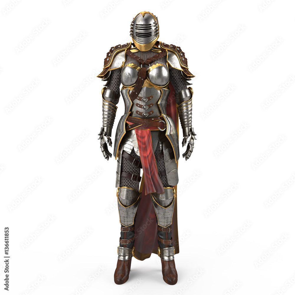 medieval armor of fantasy full of women with a closed helmet and red cape. isolated white background. 3d illustration medieval armor of fantasy full of women with a closed helmet and red cape. isolated white background. 3d illustration