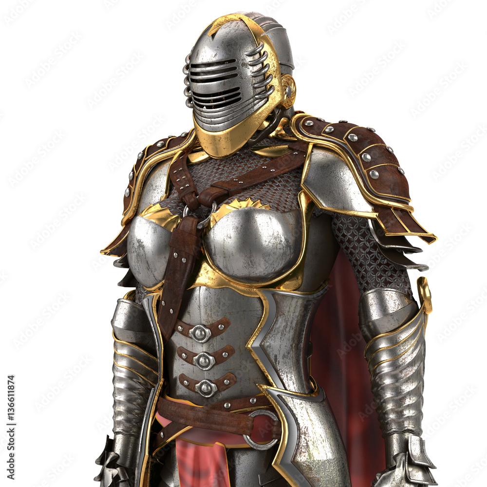 medieval armor of fantasy full of women with a closed helmet and red cape. isolated white background. 3d illustration medieval armor of fantasy full of women with a closed helmet and red cape. isolated white background. 3d illustration